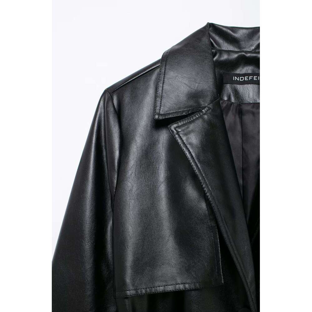 TRAFZA Women Fashion PU Trench Lapel Classic Solid Long With Belt New 2024 Fall High Street Leather Coat