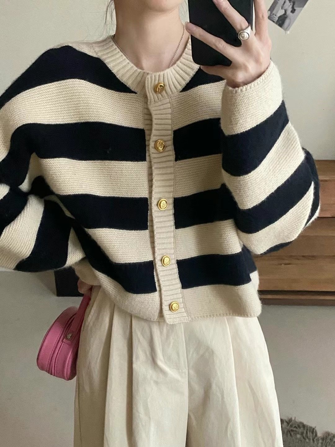 Korean Fashion Autumn Winter New Item Age Reducing Fresh Contrasting Striped Sweater Women Soft And Sticky Long Sleeved Knitted Cardigan Jacket F1028#