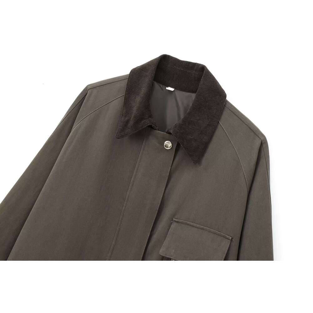 TRAFZA Women Vintage Thick Twill Lapel Pocket Corduroy Lapels New 2024 Fall Winter Fashion Neutral Style Jacket