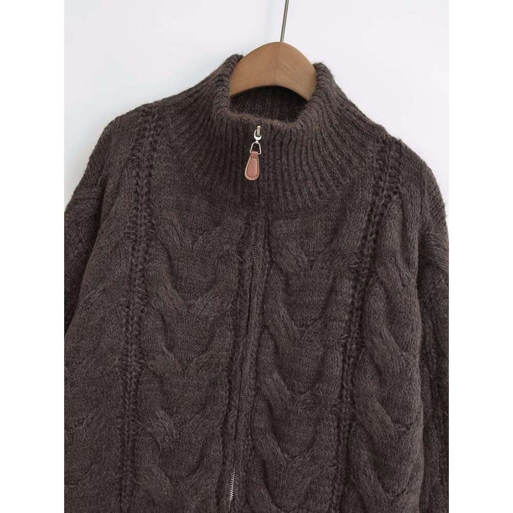 TRAFZA Women Fall Winter Vintage Brown Double Zipper New Fashion Casual Stylish Retro Knitted Sweater