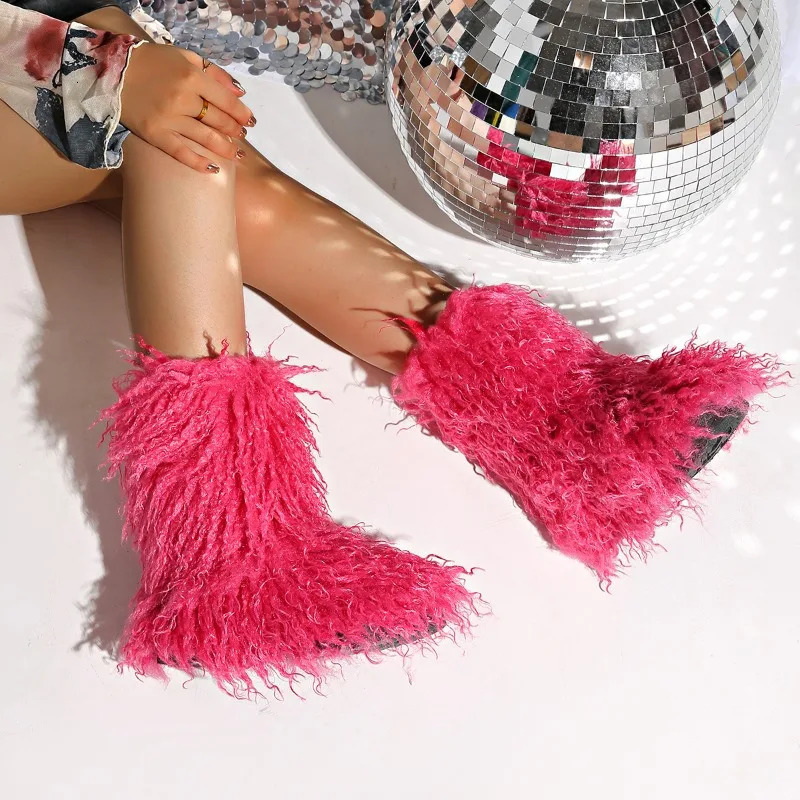 Winter Boots Furry Shoes Women Teddy Fur Snow Boots Fluffy Warm Faux Wool Boot Plush Fashion Boots Ladies Mongolian Fur Boot 241028