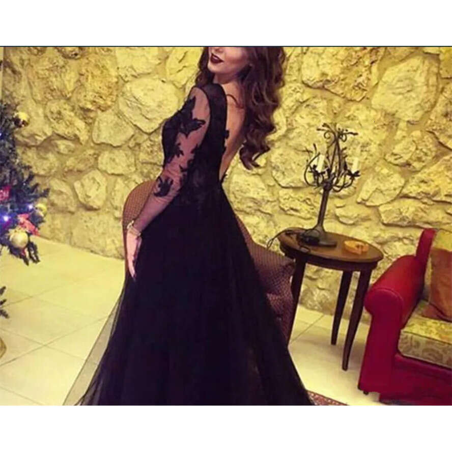 Glamorous Long Sleeve Lace Dress Sexy Backless Black Prom Dresses Or Length High Slit Formal Party Evening Gowns Illusion 0510