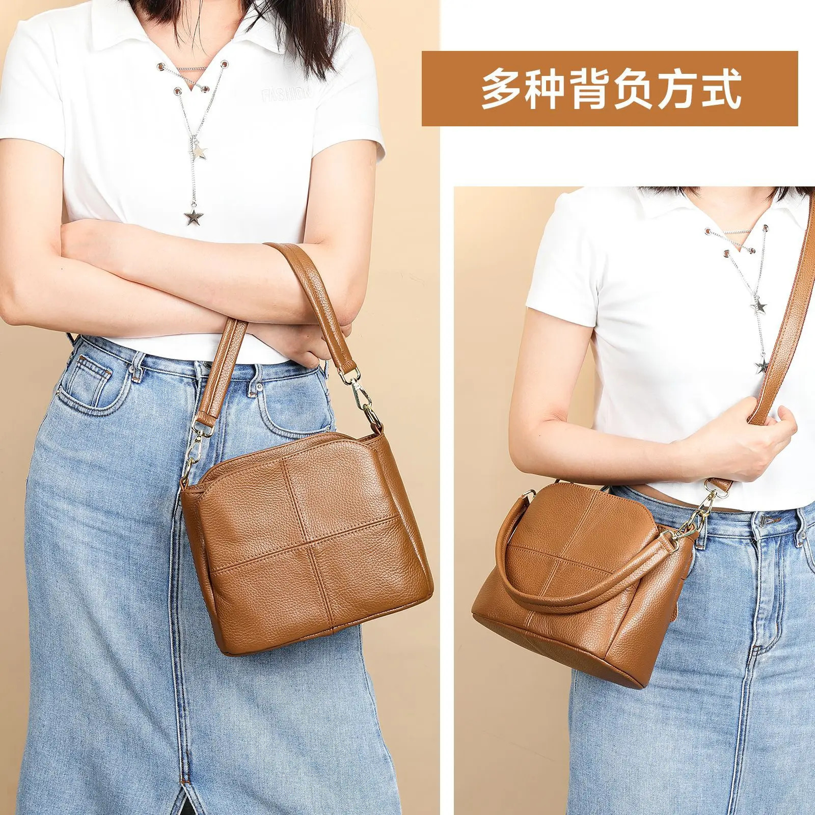 Womens Handbag Head Layer Cowhide Soft Leather Versatile Crossbody Bag Multi Functional Ladies Shoulder Bucket 241021
