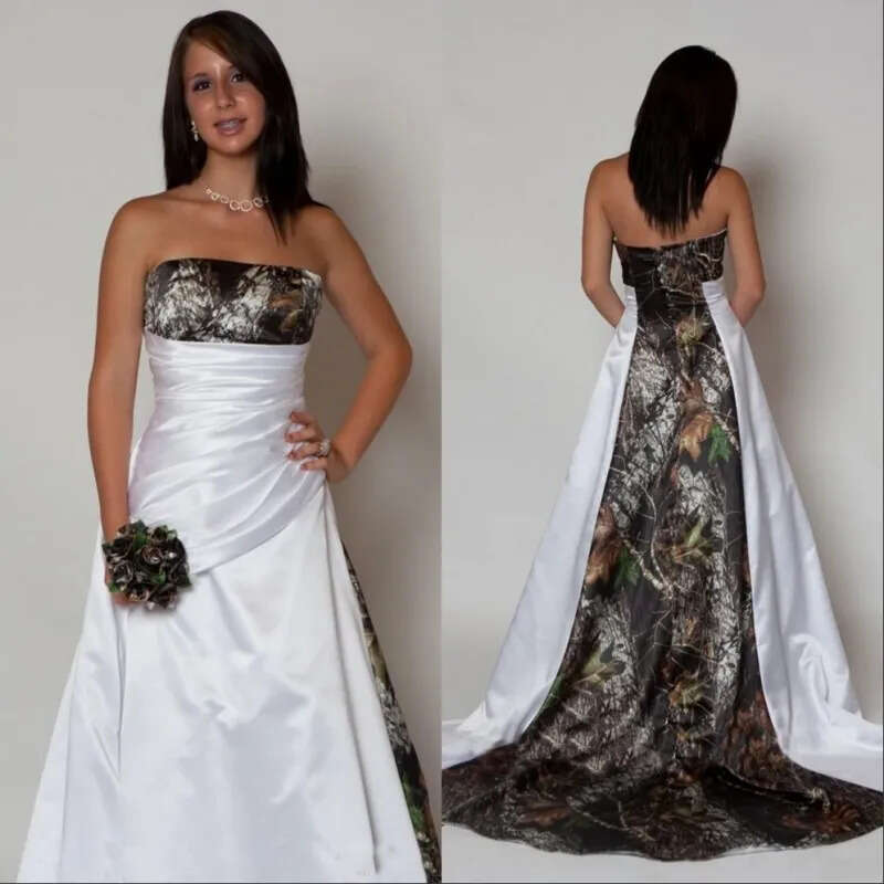 A-E Wedding Arrival Country Camo Dresses With Pleats Empire Waist A E Sweep Train Camouflage Strapless Corset Bodice Bridal Gowns