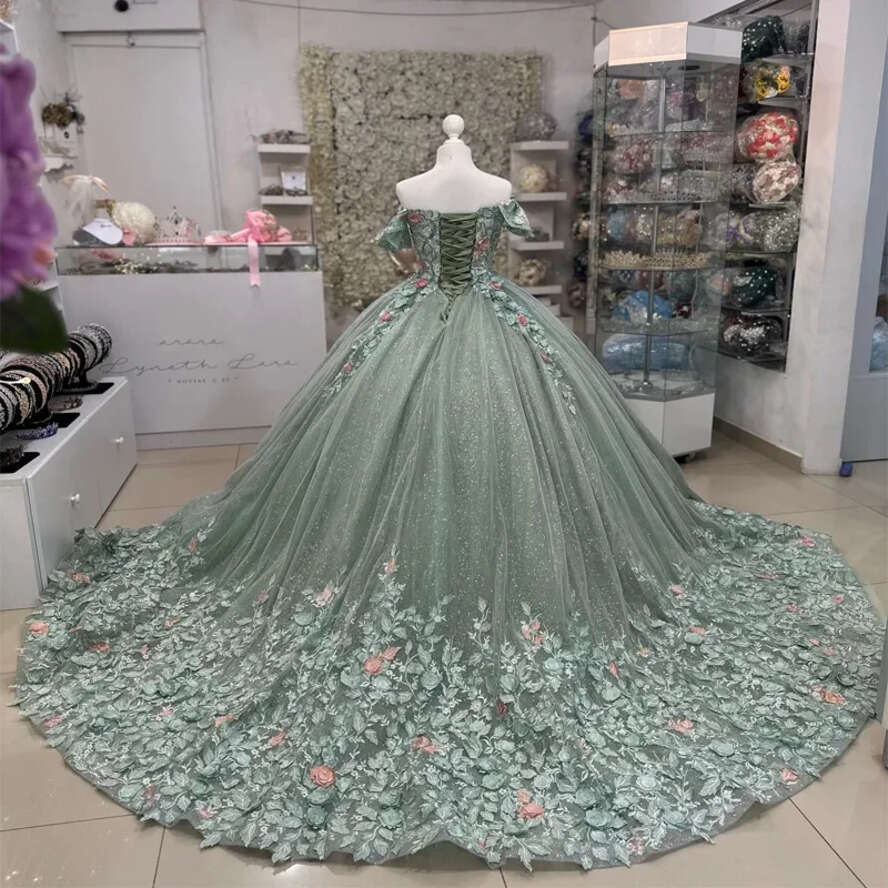 Green Shiny Off The Shoulder Quinceanera Dresses Ball Gown 3D Wers Appliques Lace Tull Sweet 15 Vestidos De XV Anos 0629