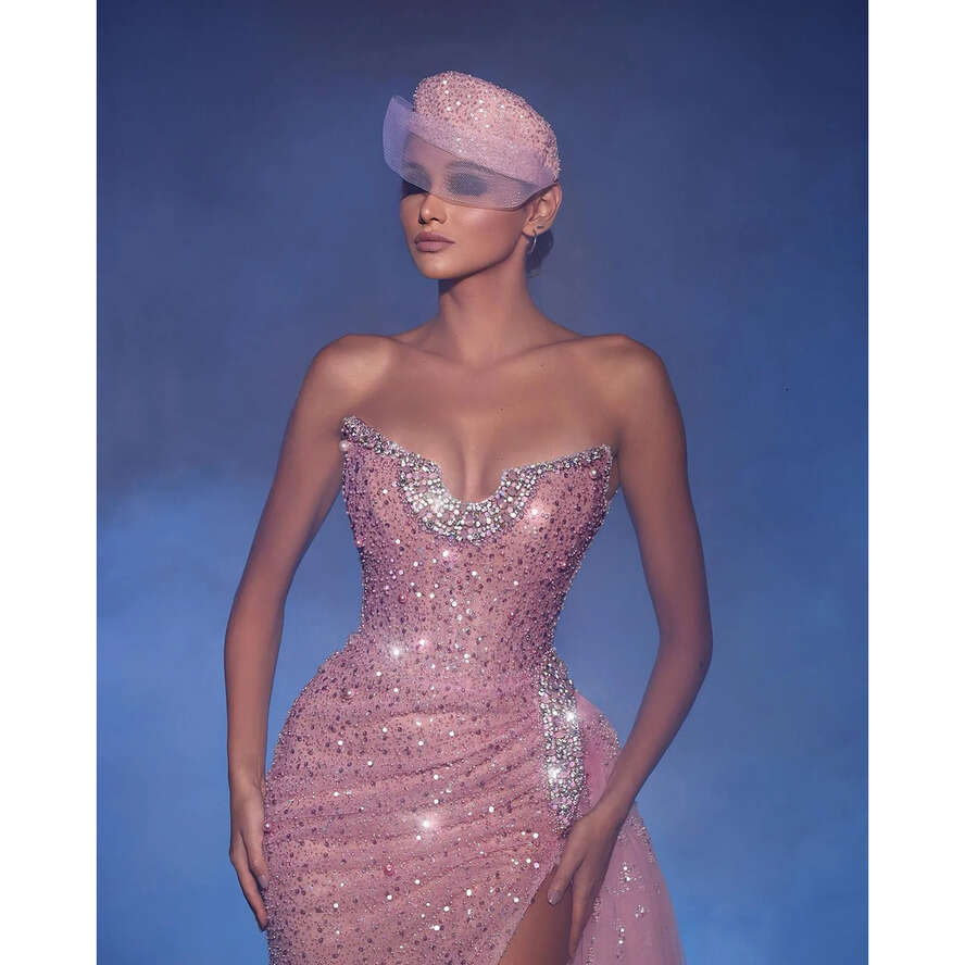 Pink Mermaid Elegant Beaded Neck Pleats Prom Dress Split Sequins Long Dresses For Special Ocns Evening Gowns 0515