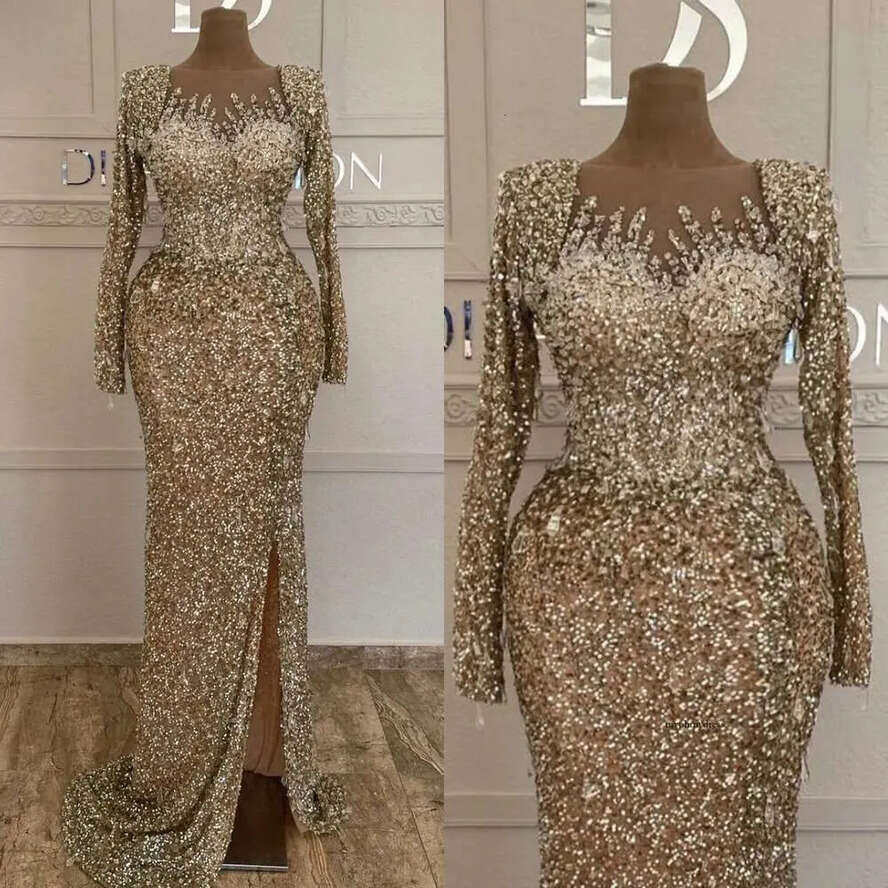 Fabulous Gold Mermaid Evening Sequins Crystal Long Sleeves Formal Party Prom Dress Pleats Sheer Neck Dresses For Special Ocn 0515