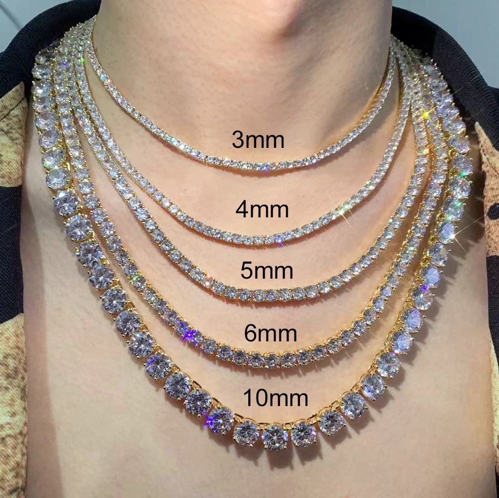 3mm 4mm 5mm 6mm Hip Hop Tennis Chains Jewelry Mens Diamond Necklaces 18k Real Gold /White Gold Plated TopBling Graduated