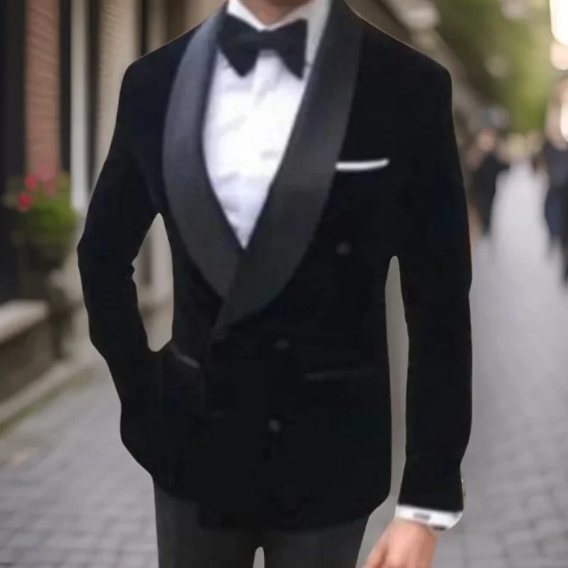 Double Breasted Prom Suit Jacket for Men Velvet Slim Fit Wedding Blazer for Groom Tuxedo Single 1 Piece Fashion Shawl Lapel Smoking Jacket