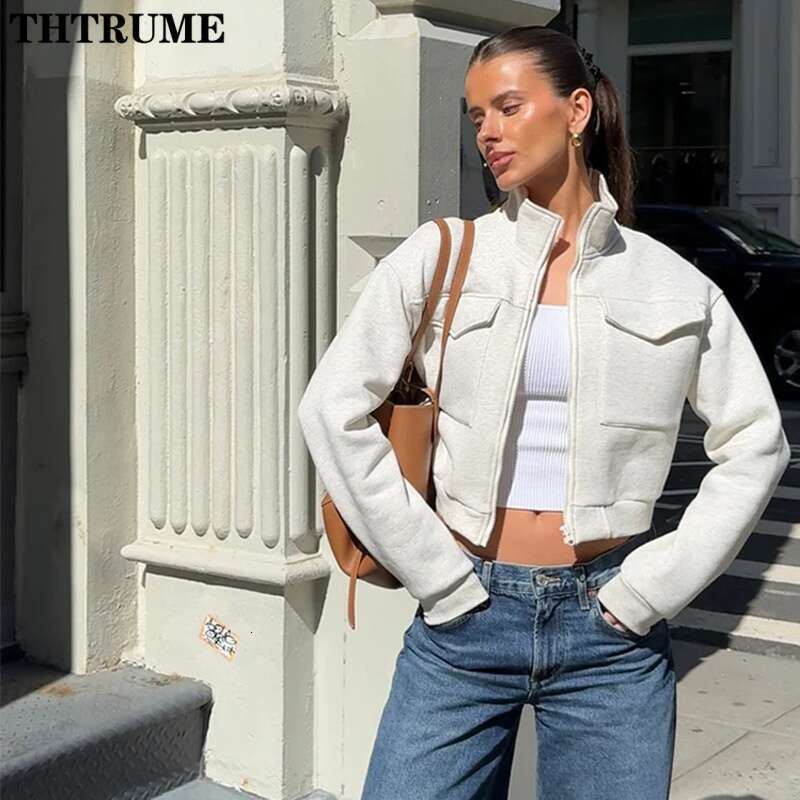 Elegant Solid Pocket Jackets For Women Fashion Autumn Long Sleeve Zipper Lapel 2024 New Coats Casual Streetwear Vintage Outwear