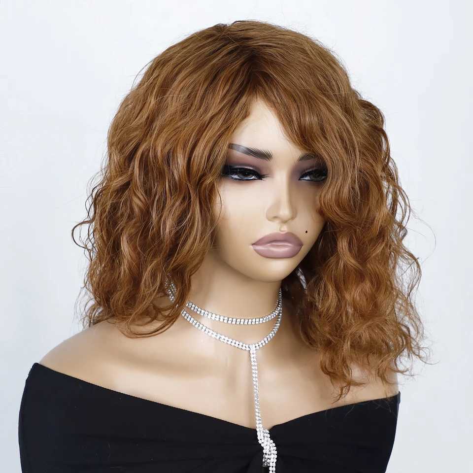 Big fluffy brown mixed blonde bob curly wig without glue with fringe bangs honey curly bob wig side part pre picked M241028
