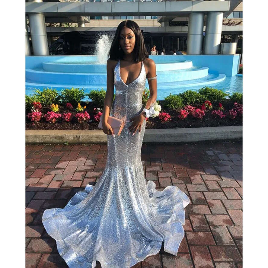 New Sier Sequins Mermaid Prom Evening Dresses Sparkly Spaghetti Formal Party Gown Backless Plus Size Pageant Dress Custom Made