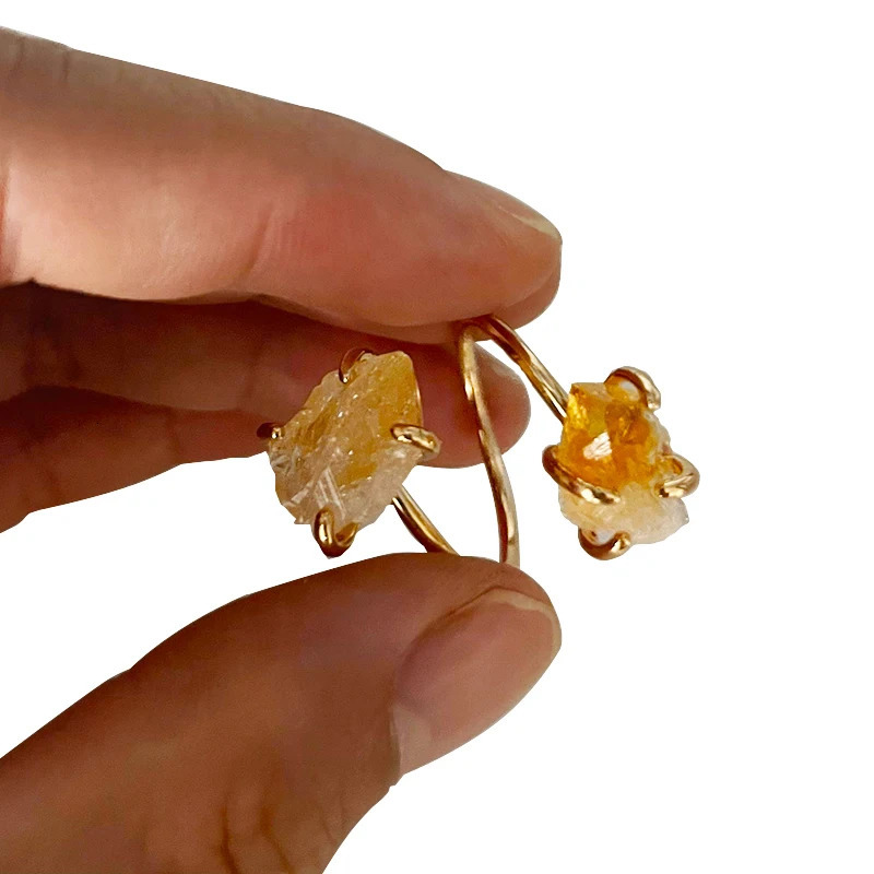 Irregular Citrine Open Ring for Women Girls Claw Setting Goldcolor Boho Rough Natural Stone Finger Jewelry Resizable 241028