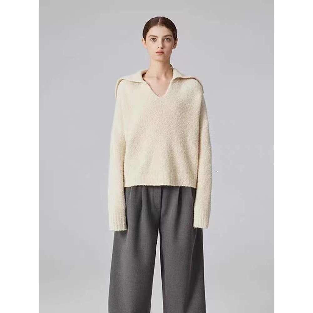2024 Autumn And Winter New 100 Cashmere Women's Retro Loose Knit Sweater V-Neck Long Sleeve Woolen Base Shirt