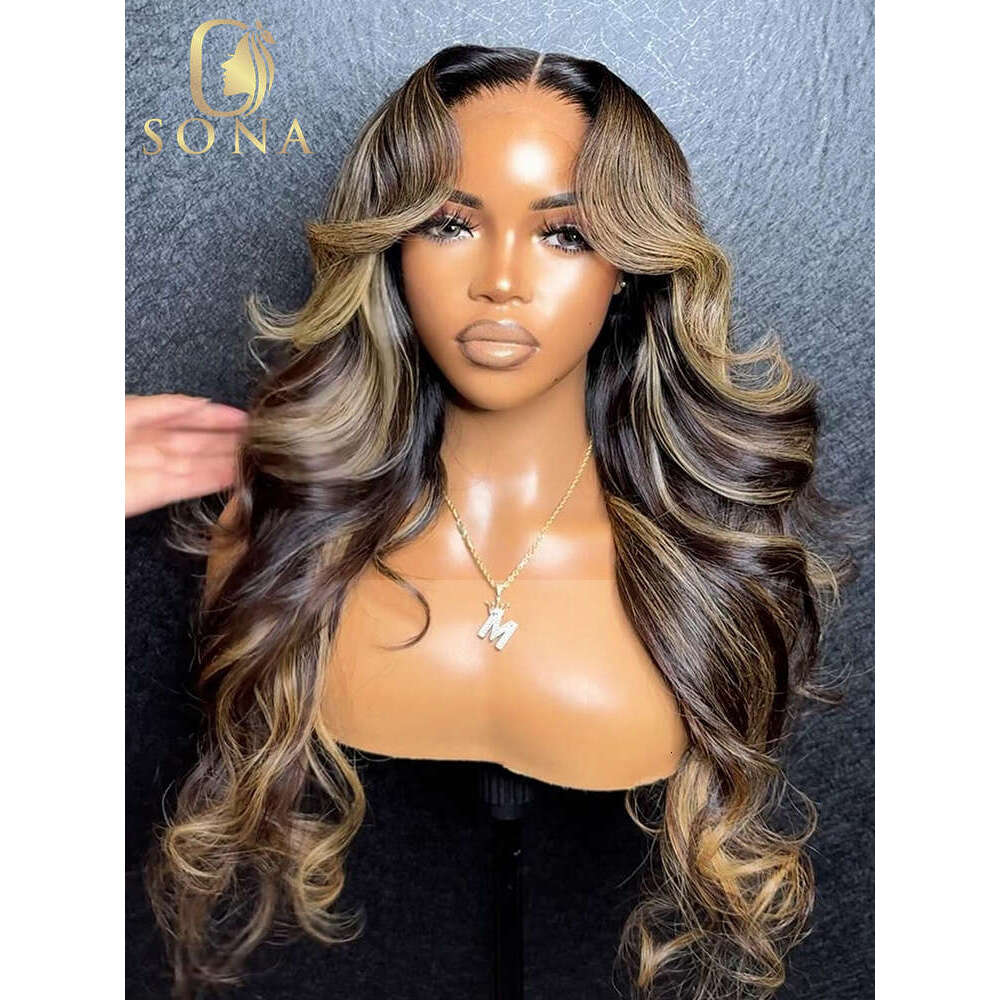 B HD Transparent x Lace Frontal Body Wave Human Hair Wigs Brown Stripe Highlights Honey Blonde Pre Plucked For Women