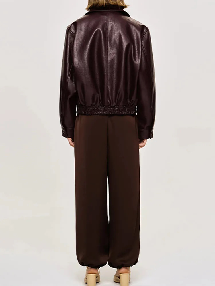 Vintage Solid Color Lapel Zipper Leather Jacket Casual Long Sleeved Elastic Short Women Coat Fall Commuting Street Outerwears 241115