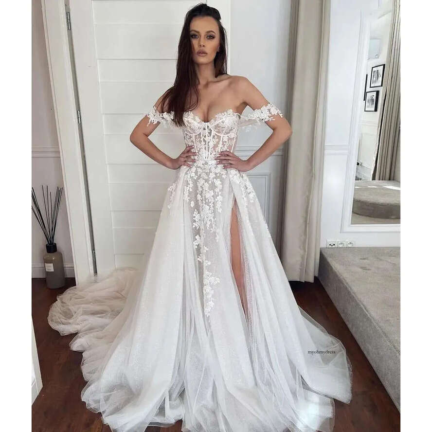 2024 Bohemian Western Country A E Wedding Dresses Sexy Off The Shoulder Illusion Lace Appliqued Vintage Sequined Bridal Gowns Thigh Split Tulle Robes 