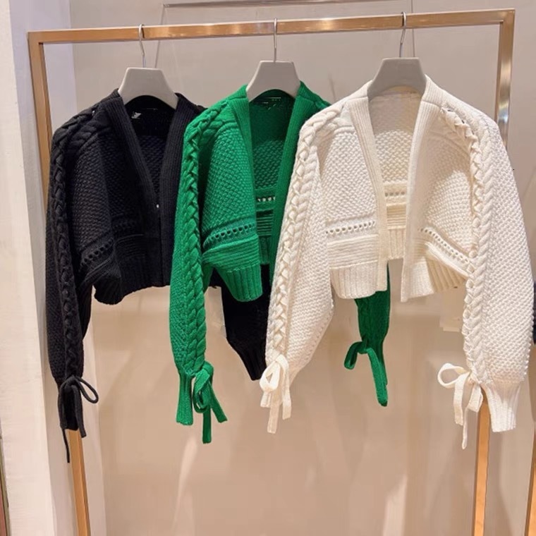 Small Shawl Women S Autumn And Winter New Product Knitted Cardigan Jacket Short Style Twisted Flower Solid Color V Neck Sweet Tie F1028#32