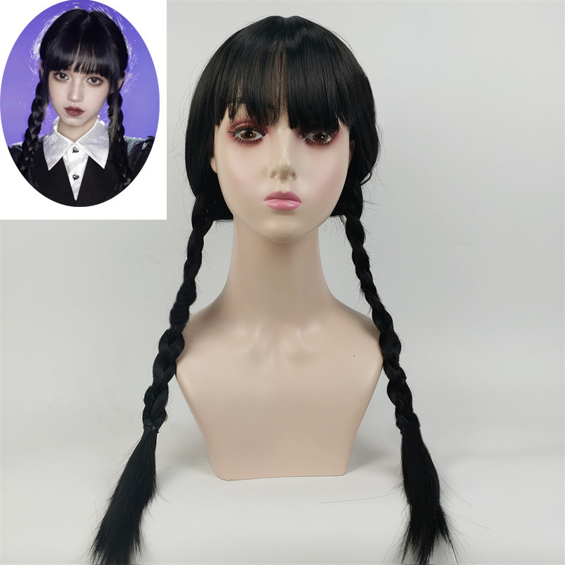 Fashion black wig double ponytail wig cosplay full head set long curly hair