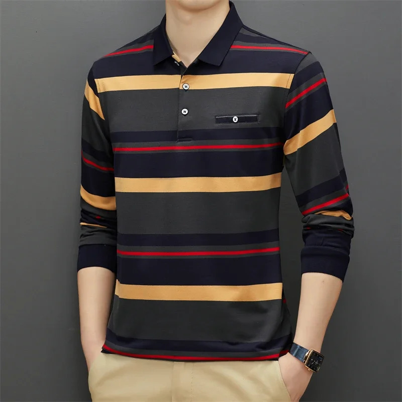 Mens Casual Stripe Plaid Long Sleeve Polo Shirt Fashion Top y241024