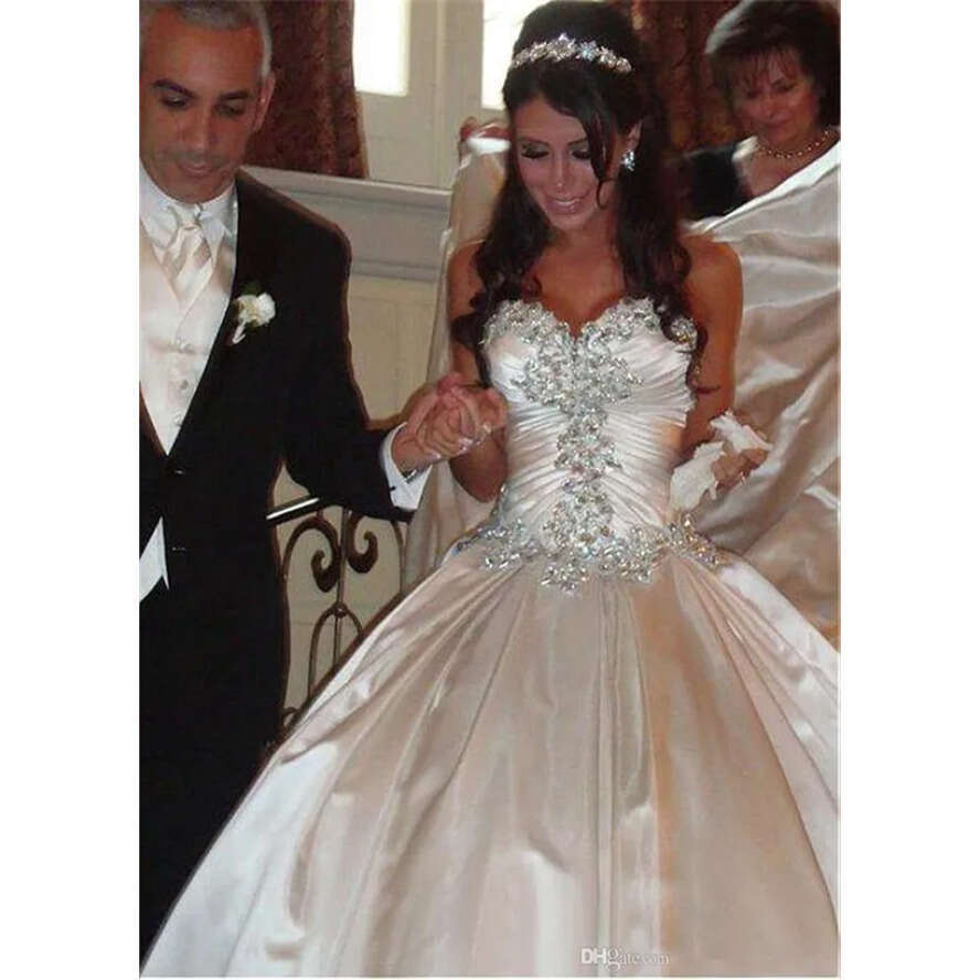 Amazing Crystal Ball Gown Gowns Sweetheart Satin Wedding Dresses Vestido De Noiva Lace-Up Rhies Bridal Dress Custom Made 0510