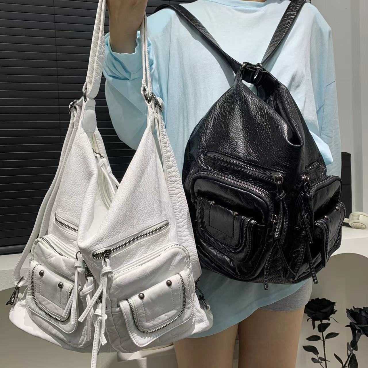 Ladies' fashionable spicy girl backpack with large capacity multiple pockets, washed worn multi-functional shoulder bag 241015