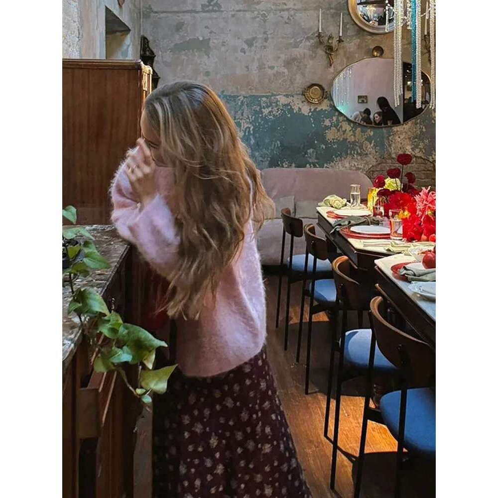 Solid Mohair Knit Cardigan Women Chic V Neck Single Breasted Long Sleeve Loose Sweater 2024 Autumn Female Casual Commuting Tops