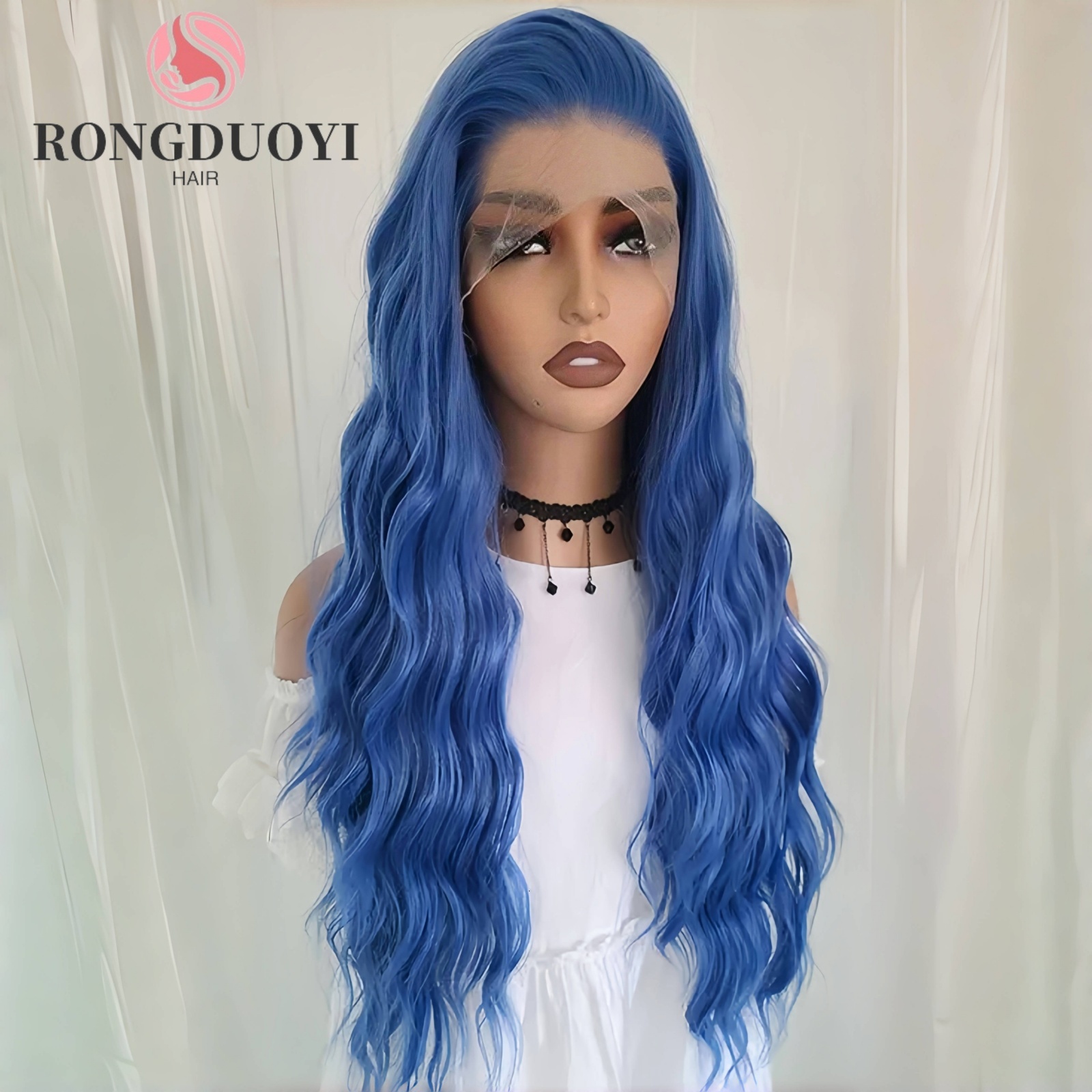Dark Blue Deep Wave Synthetic Hair Long Curly Front Wig Natural Wavy Colored 13X4 Lace Frontal Wigs for Women Party