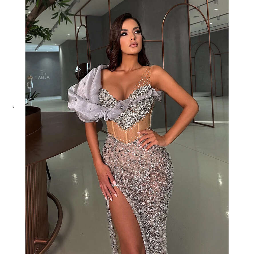 Sexy Sier Grey Mermaid Evening Beads V Neck Formal Party Prom Dress Split Red Carpet Long Dresses For Special Ocn 0515