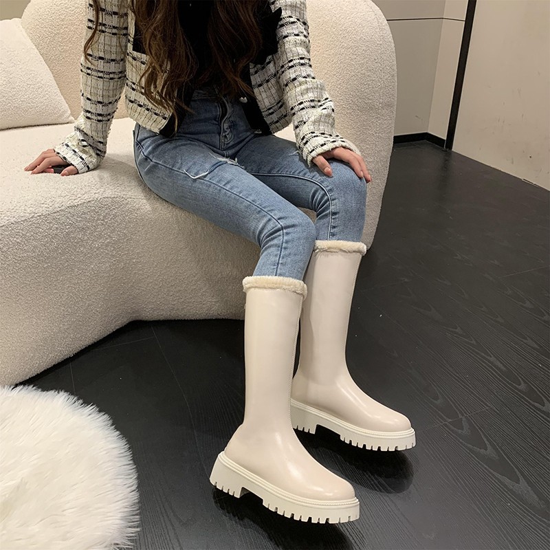 Women Fashion Boots:Thick Sole Winter Trendy Wear Fleece Warm Simple Design Versatile Comfort,Black/Beige,Free shipping