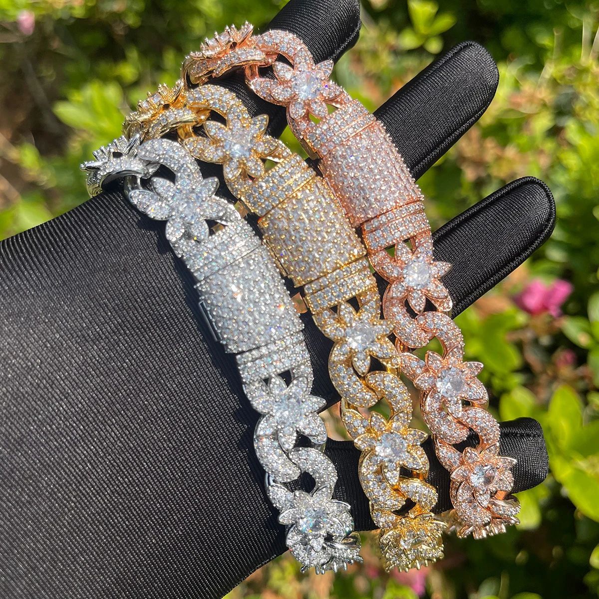 Lotus Flower Cuban Chain Necklace 5A Zircon 18K Gold Plated Women Men Jewelry