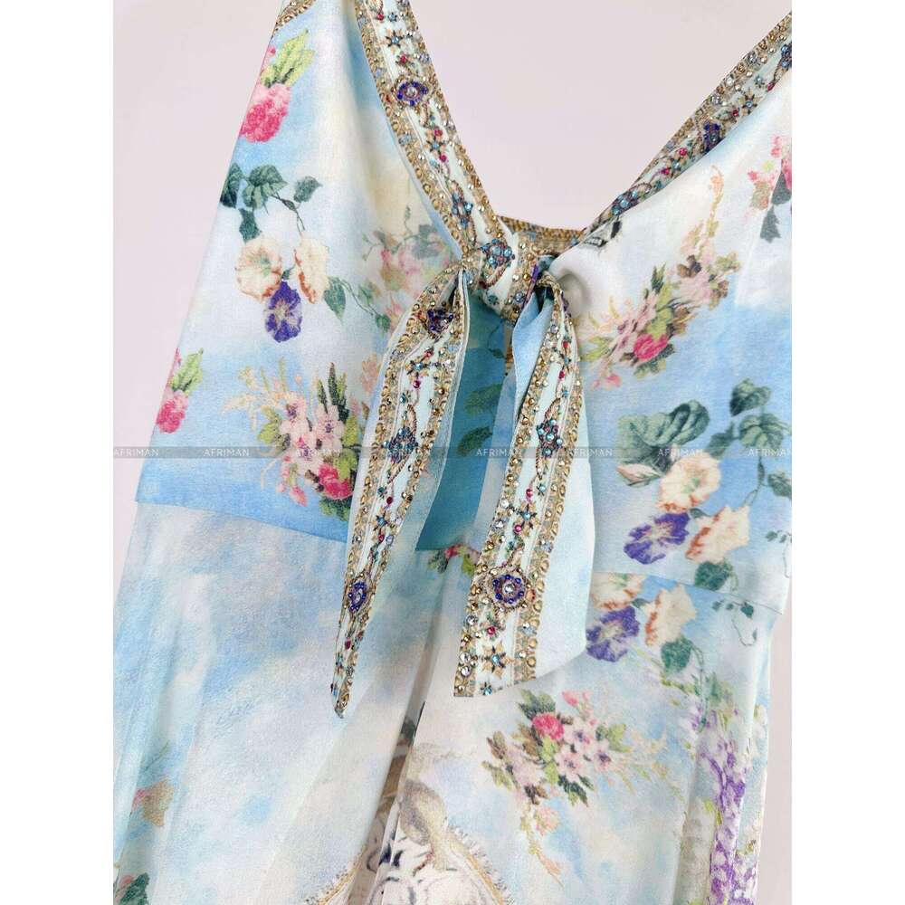 Women Sexy Strapless Cross V Neck Crystal Beaded Retro Wer And Animal Print 100% Silk Long Sg Dress