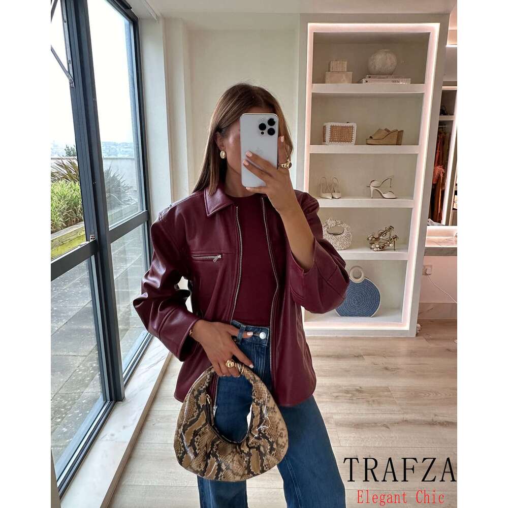 TRAFZA Pu Zipper Up Jacket For Women Fashion Long Sleeve Thick Wram Coats New 2024 Fall Winter Streetwear Overcoat