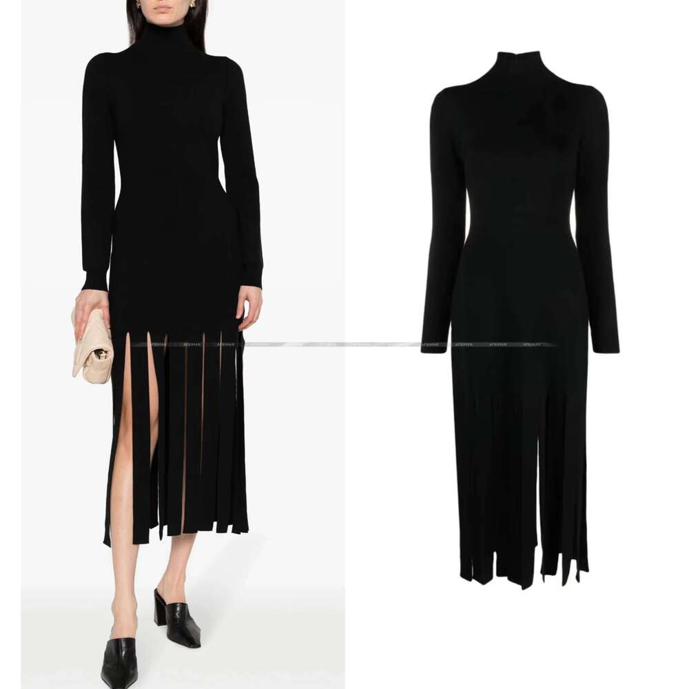 Women High Neck Sleeve Fringed Slim Long Knitted Dress