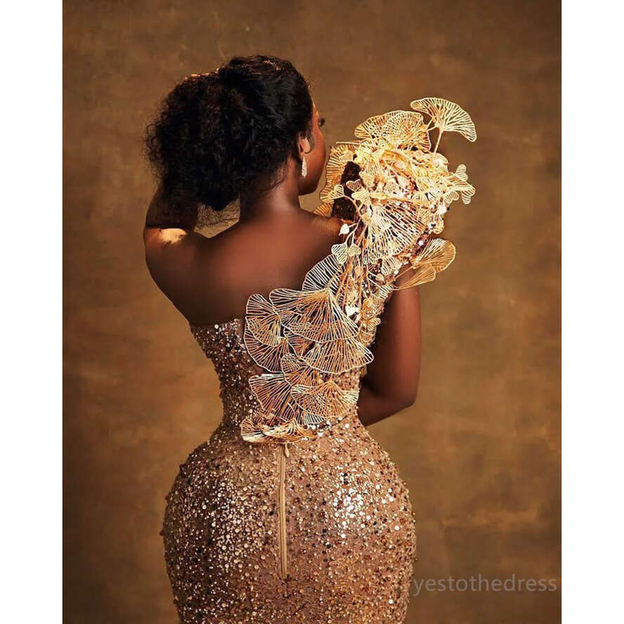2024 Gold Plus Size Aso Ebi Prom Dresses For Black Women Evening Sequined Lace Mermaid Sexy Side Split Birthday Party Dress Reception Engagement Gowns