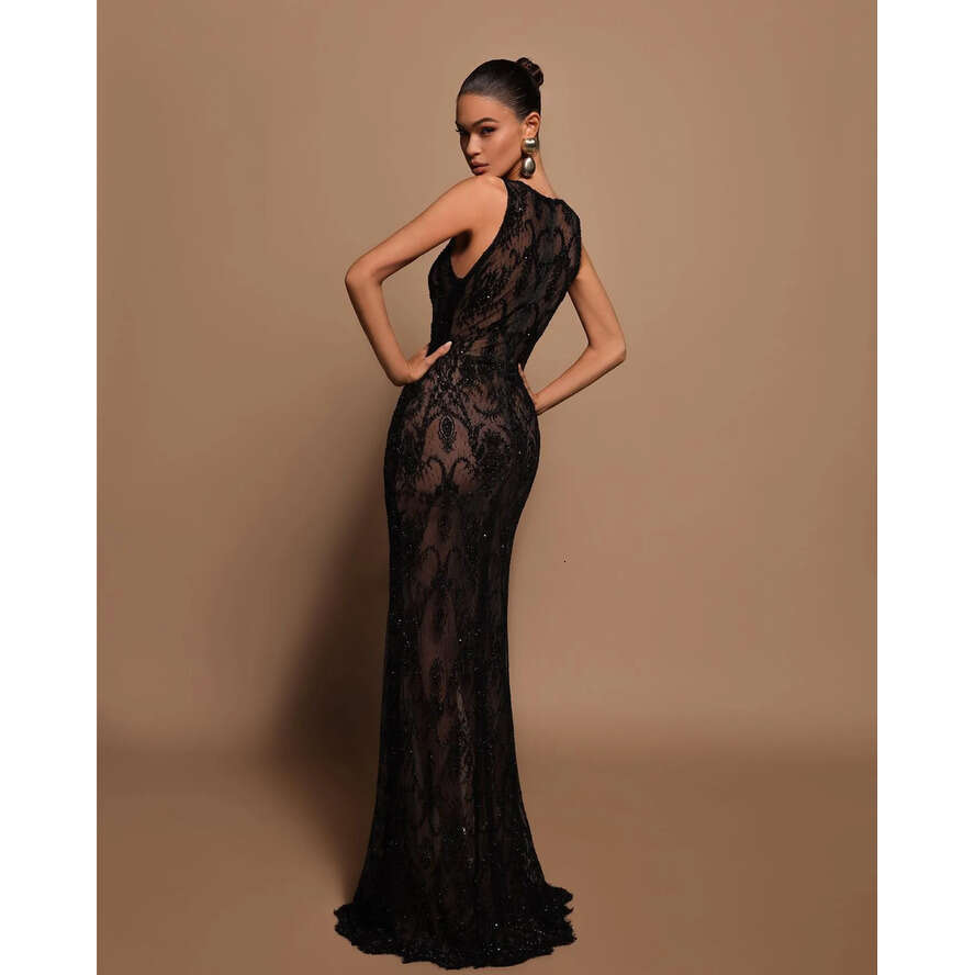 Gorgeous Black Mermaid Evening Elegant V Neck Lace Illusion Prom Dress Split Long Dresses For Special Ocns 0515