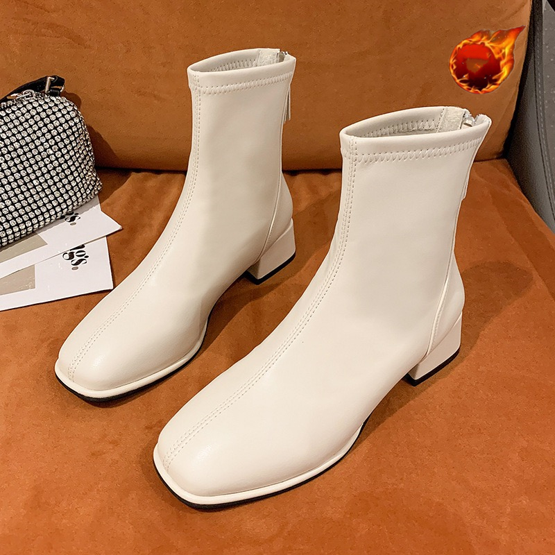 Soc Elastic Fashion New Ankle High Thic Heel Square Toe Short Boots Women Retro 2024 New Ladies Shoes
