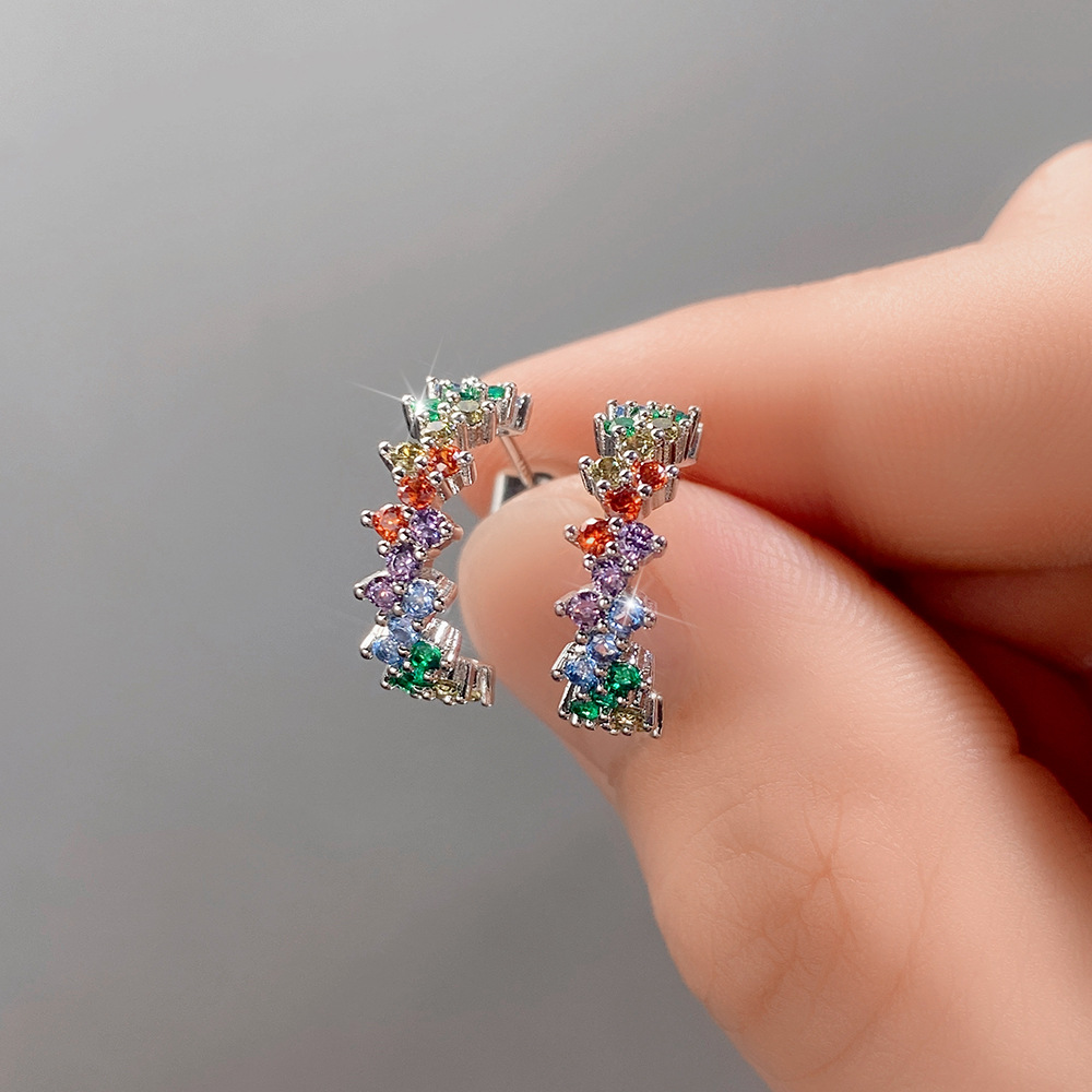 Creative Curved Colored Zirconia Earrings 925 Sterling Silver Women's Geometric Diamond Earrings Classic White Gold Crystal Earrings Luxury Weddi