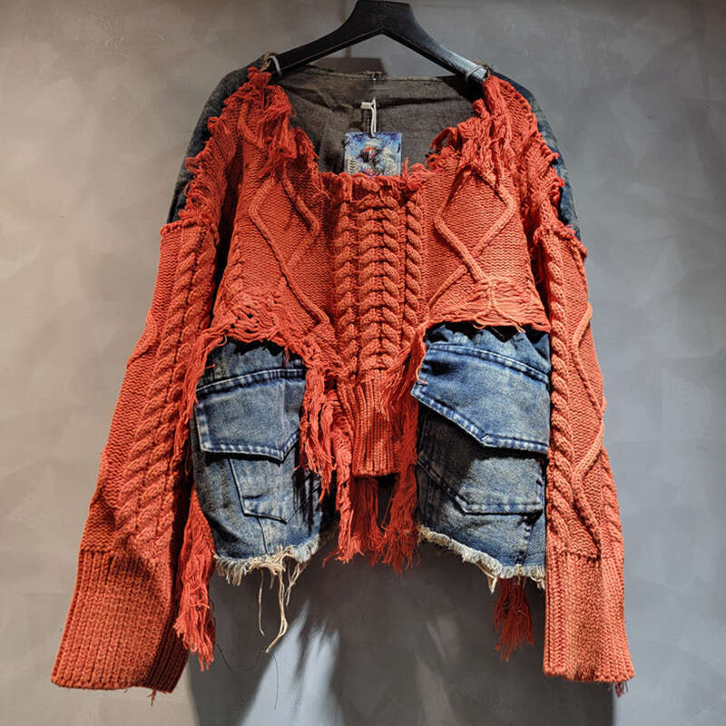 DEAT 2024 Autumn New Items Fashion Women's Twists Knitted Splice Denim Short Sweater Loose O-Neck Long Sleeve Top Female 29L8195