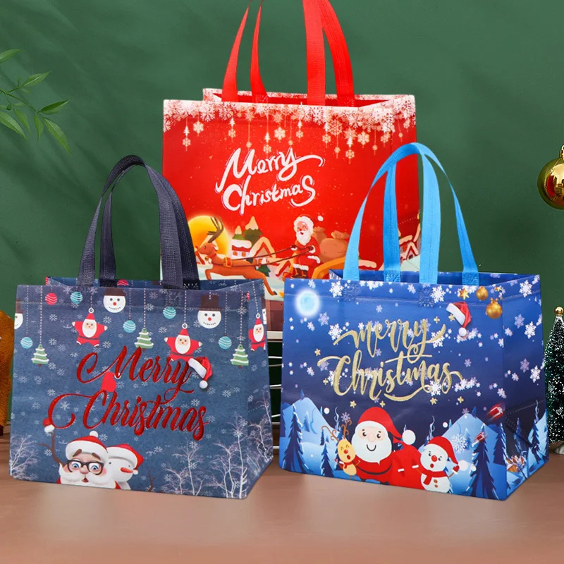 Christmas Gift Bags Santa Claus Elk Snowflake Print Handbag Xmas Gifts Wrapping Supplies Merry Christmas Tote Bags 241025