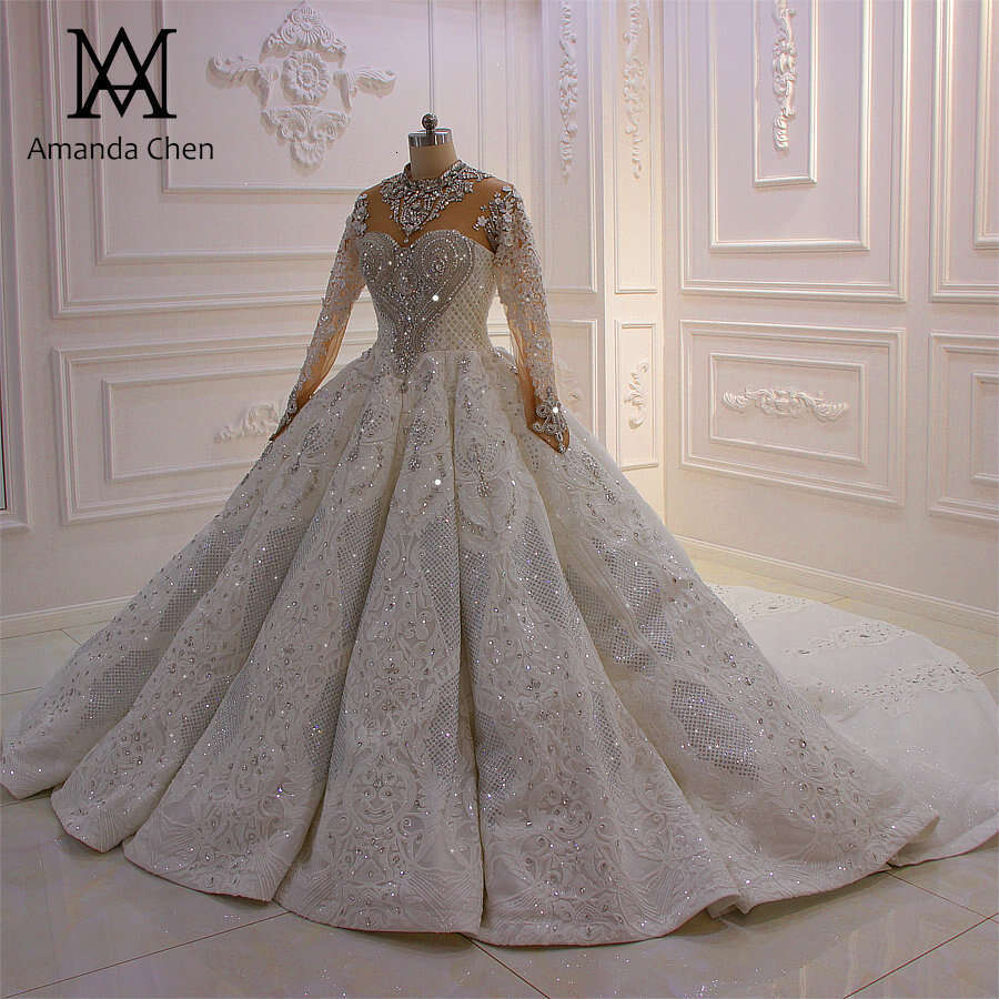 East Middle Royal High Neck Long Sleeves Rhie Shiny Wedding Dress