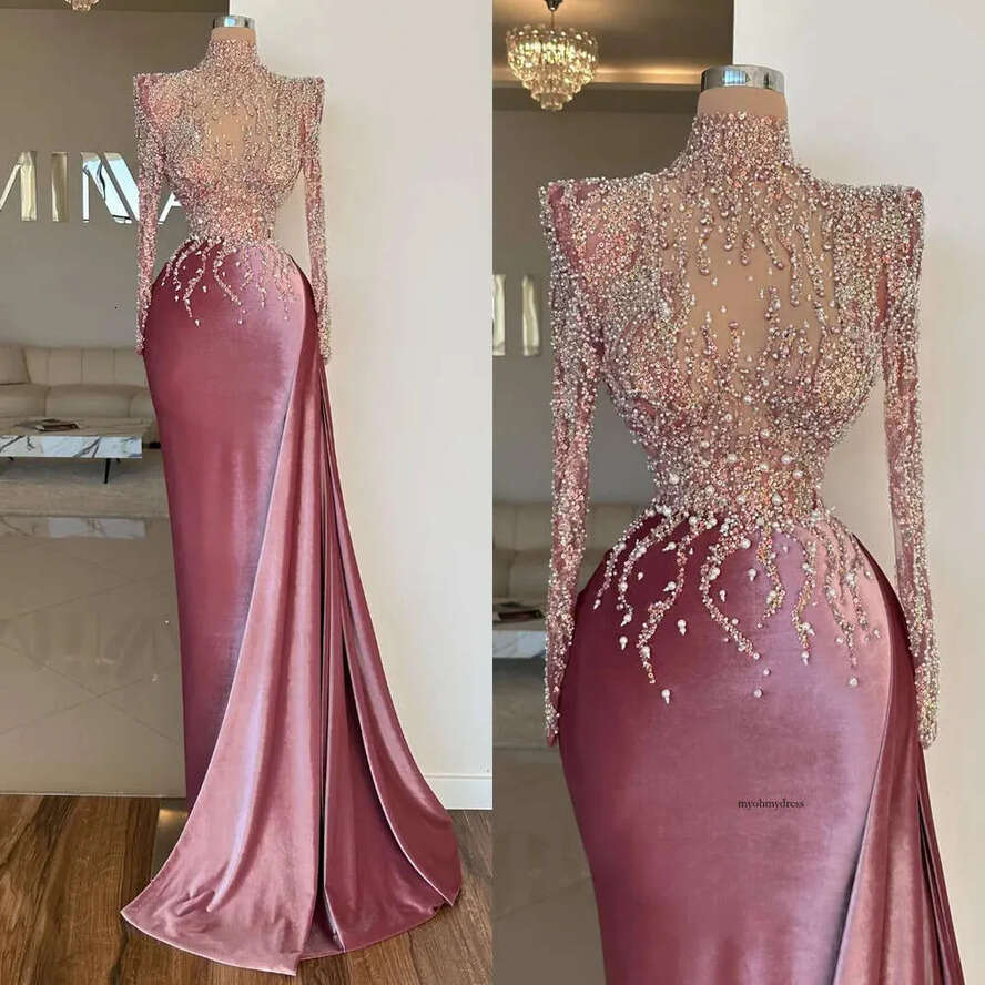 Dust Pink Mermaid Elegant Pearls High Collar Prom Dress Beading Dresses For Special Ocns Long Sleeves Evening Gowns 0515
