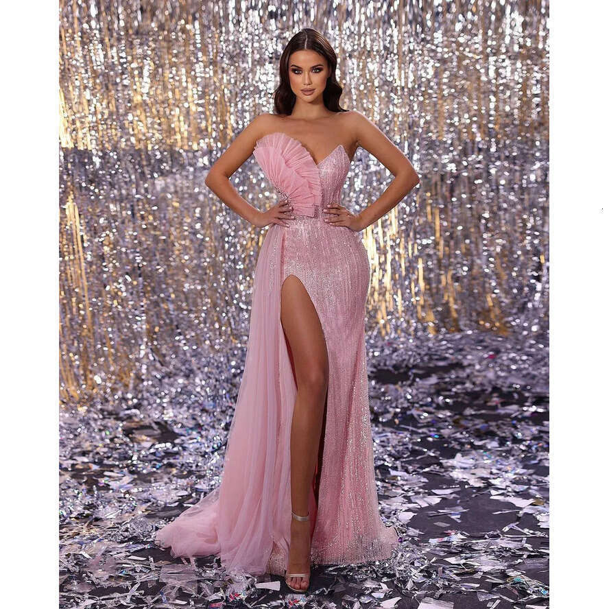 Evening Strapless Elegant Side Split Prom Gowns Sequins Sleeveless Rhie Custom Made Formal Party Dresses 0417