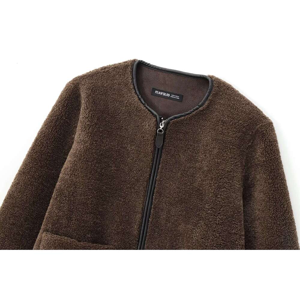 TRAFZA Women Vintage O-Neck Zipper Deep Brown New 2024 Fall Autumn Fashion Casual Fleece Jacket