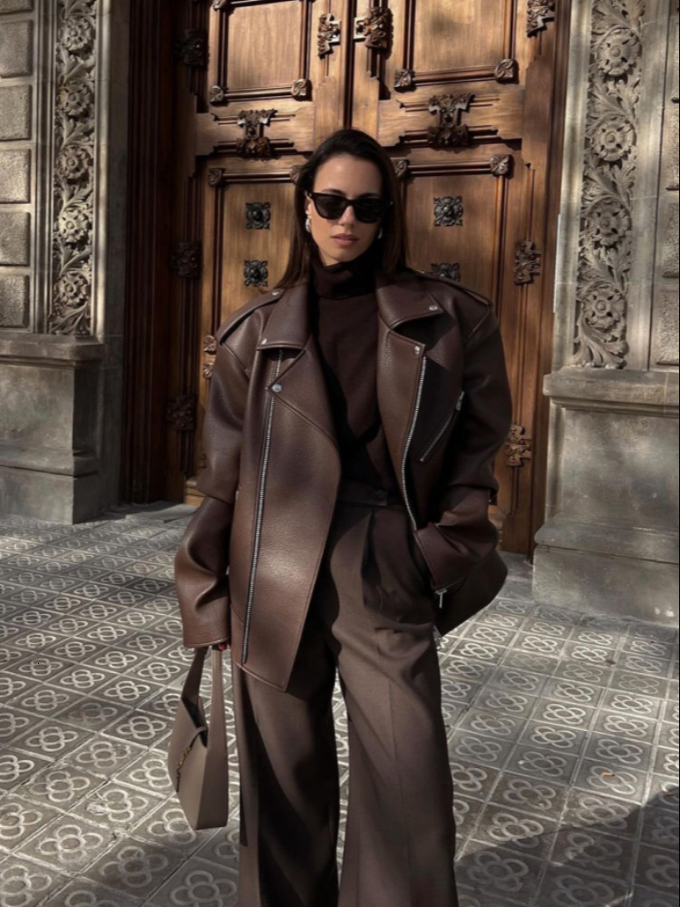 Elegant Turn-Down Collar Women Jacket Fashion Pu Leather Full Sleeve Female Coat With Zipper Locomotive Loose Ladies Outwear
