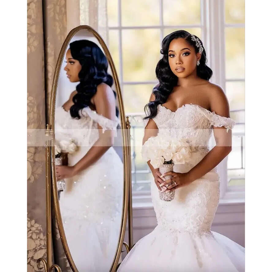 African Elegant Mermaid Wedding Dresses For Bride 2024 Off Shoulder Lace Up Closure Sweep Train Beaded Bridal Gowns Best Selg 0509