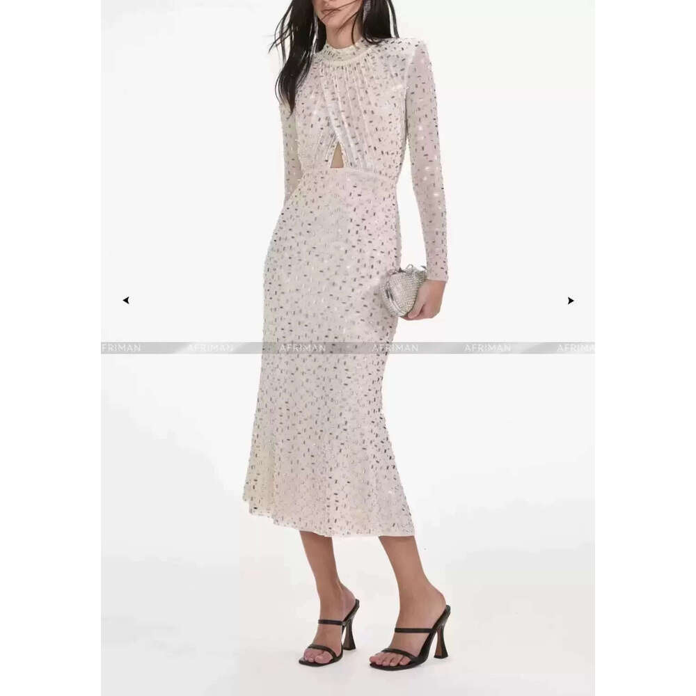 Women Stand Collar Long Sleeve Dia Beaded Tailored Temperament Party Wear Trumpet Dress