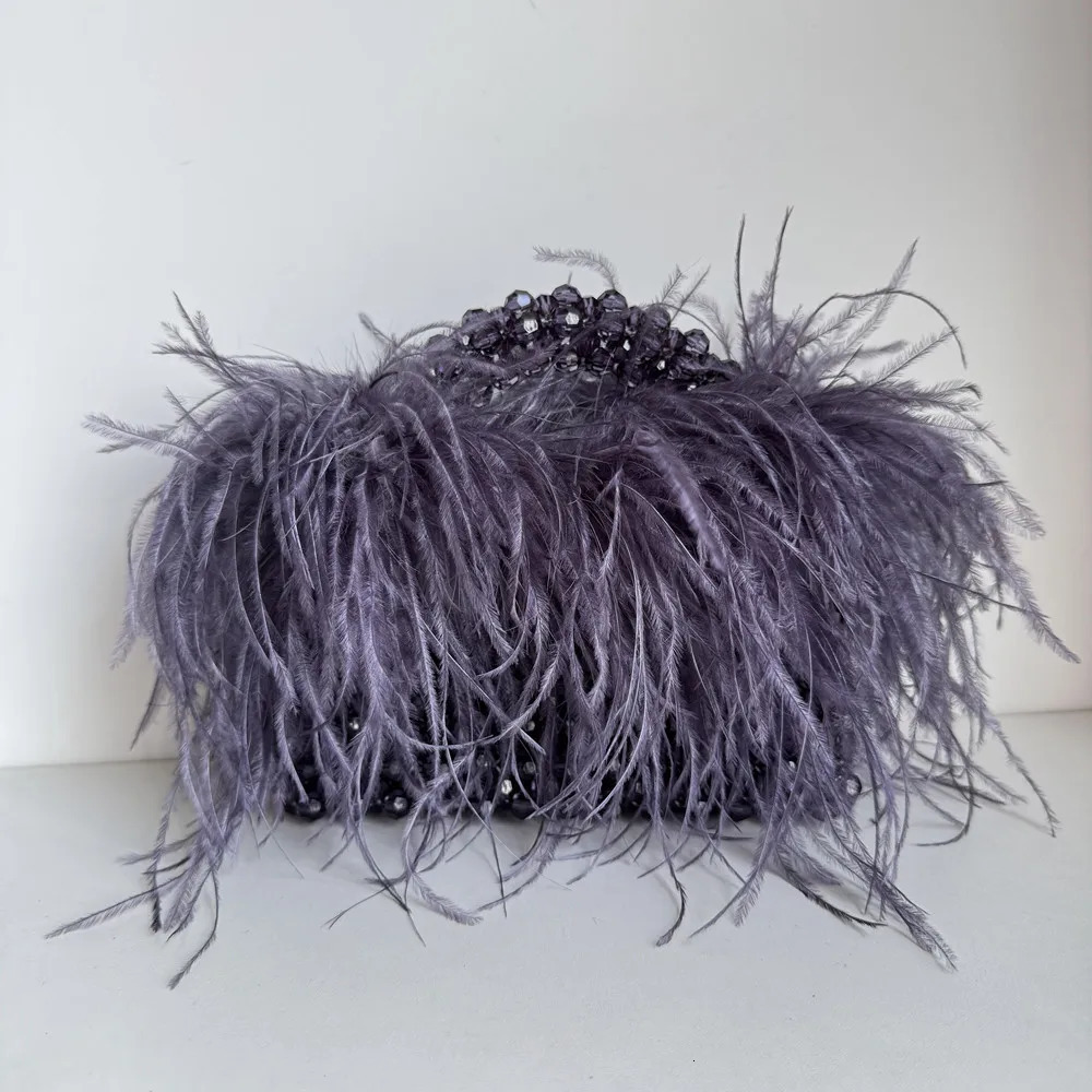 Pearl Bead Bag With Feather Fur Clear Acrylic Crystal Stone Box Tote Handbag Women Handmade Party Purse 241025