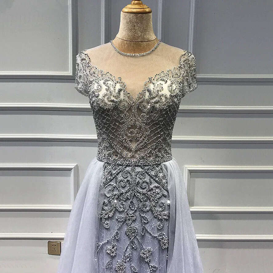 Sier Beaded Mermaid Prom Dresses With Detachable Train Vintage Short Sleeves Sheath Formal Evening Gown Long Pageant Wear