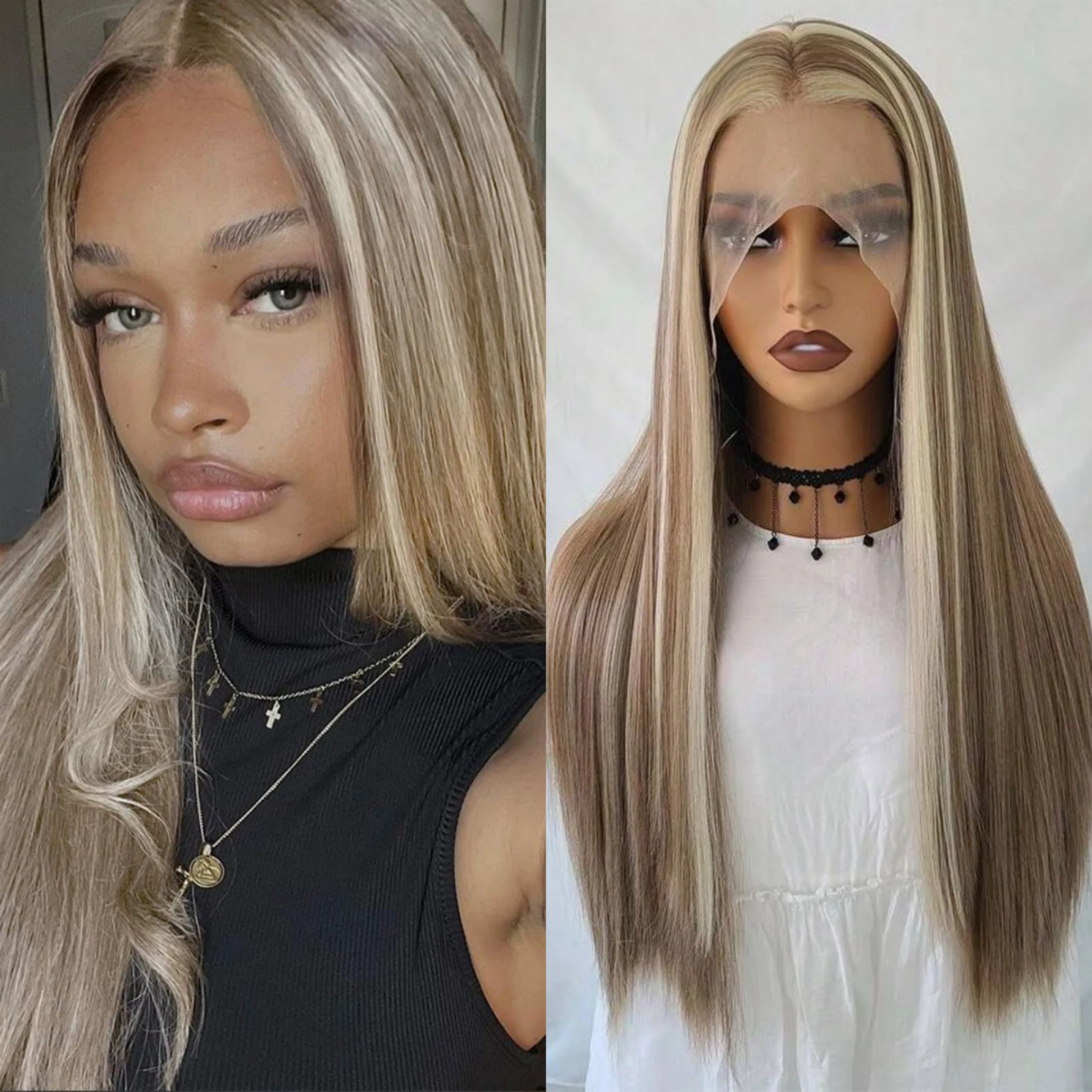 Highlight Ombre Lace Front Wig Synthetic Hair Long Straight Brown with 613 Blonde Balayage Colored 13X4 Frontal Wigs for Women